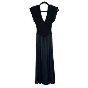 Vintage 70's Cinema Etoile Small Black V-Neck Lace Ruffled Bodice Night Dress